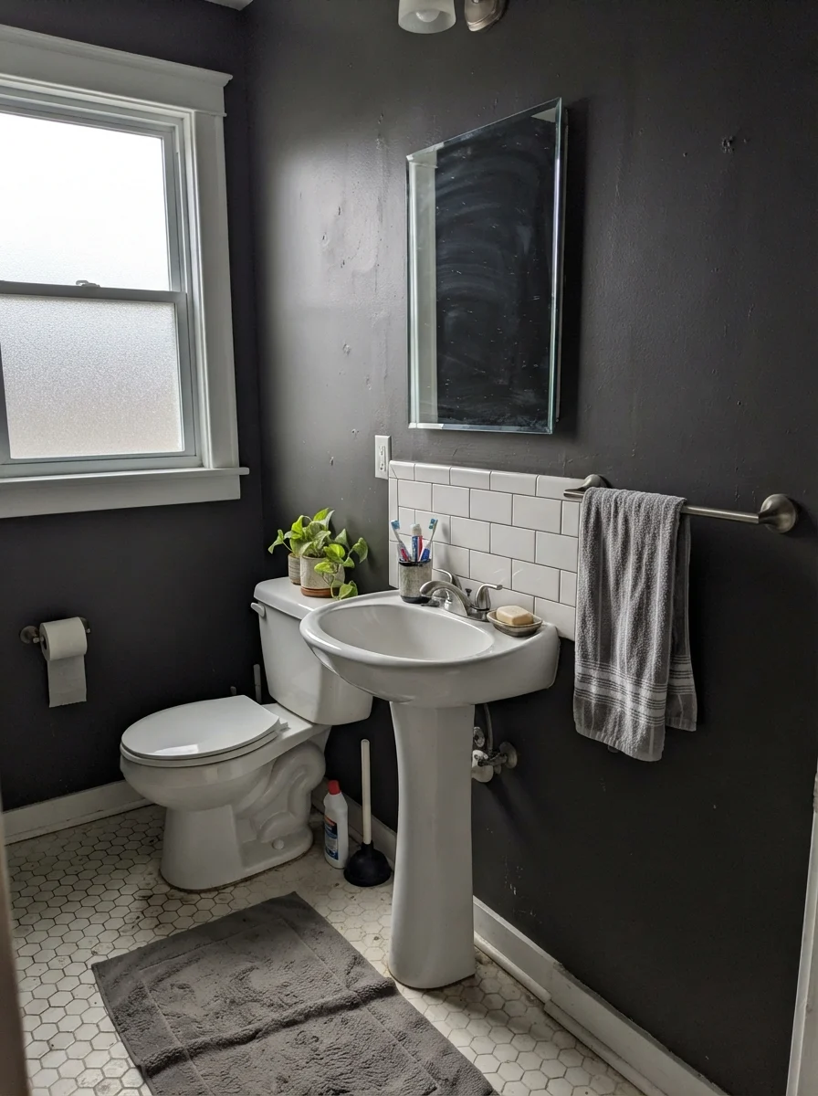 Small bathroom showing dark painted walls looking grayish in overcast light.