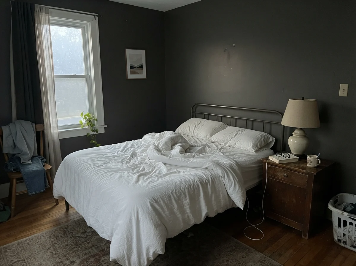 Early morning light washing over a simple bedroom with dark painted walls and unmade bedding.