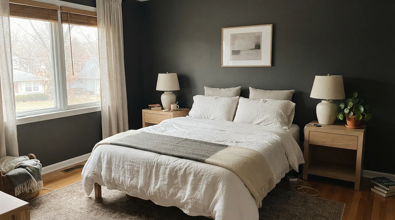 Main bedroom with dark accent wall, white bedding, and light oak furniture in side window light.