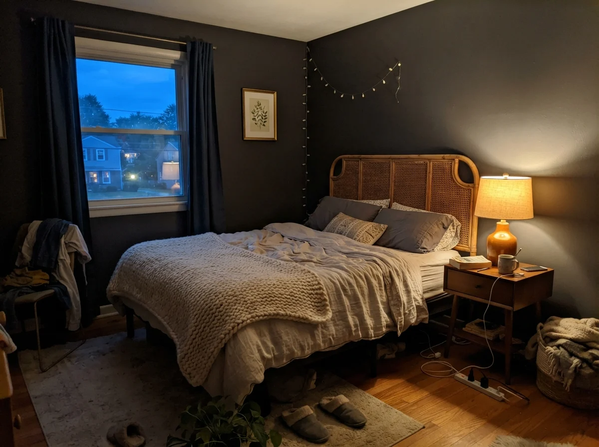 Bedroom with Iron Ore painted wall illuminated by a warm bedside table lamp at dusk.