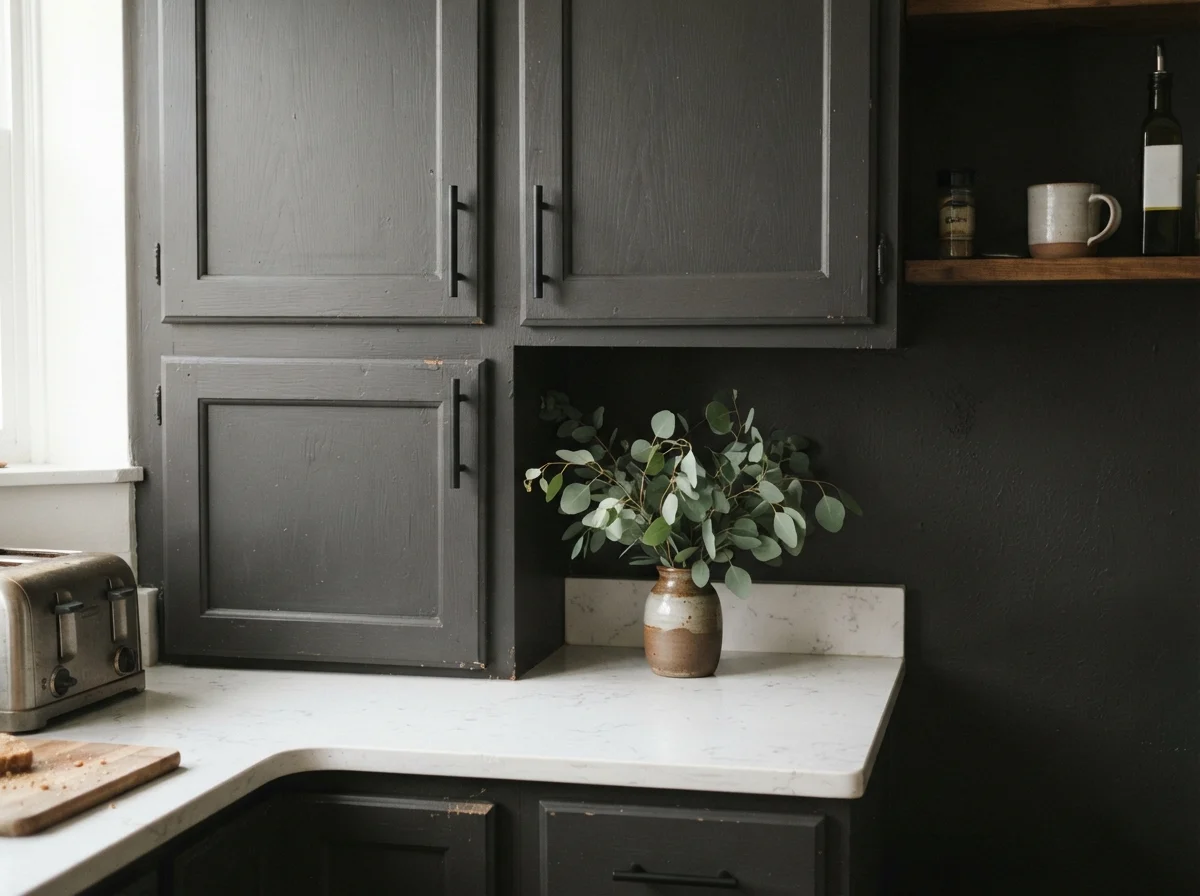 Detail view of shaker cabinet doors painted dark charcoal with matte black pulls.
