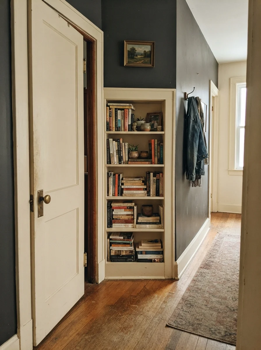 Interior door and built-in bookcase painted Iron Ore against cream hallway walls.