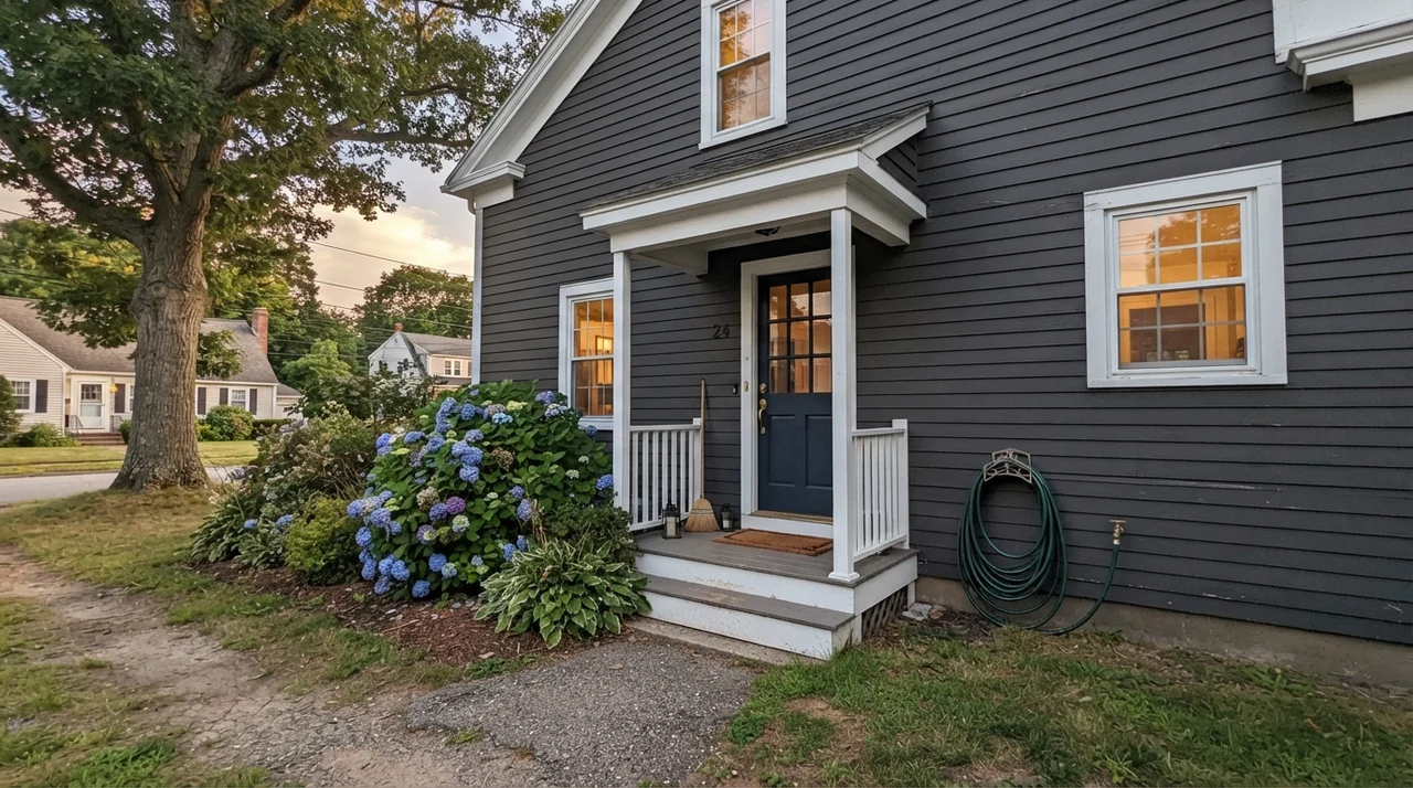 Exterior of house with horizontal siding painted in Iron Ore and crisp white trim in golden evening light.
