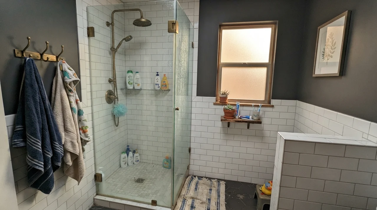 Upper walls painted dark charcoal above white subway tile wainscot in a family bathroom with brass fixtures.