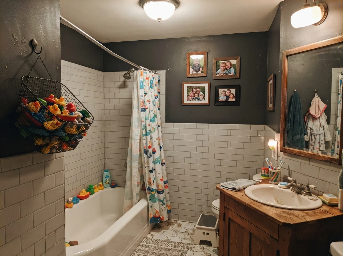 Family bathroom with dark painted walls over white tile, bath toys, and family photos.