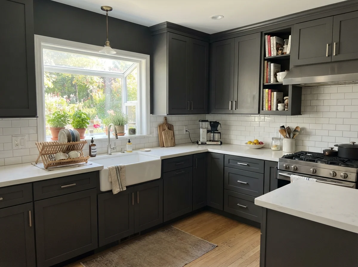 Kitchen featuring upper and lower cabinets painted in Sherwin-Williams Iron Ore.