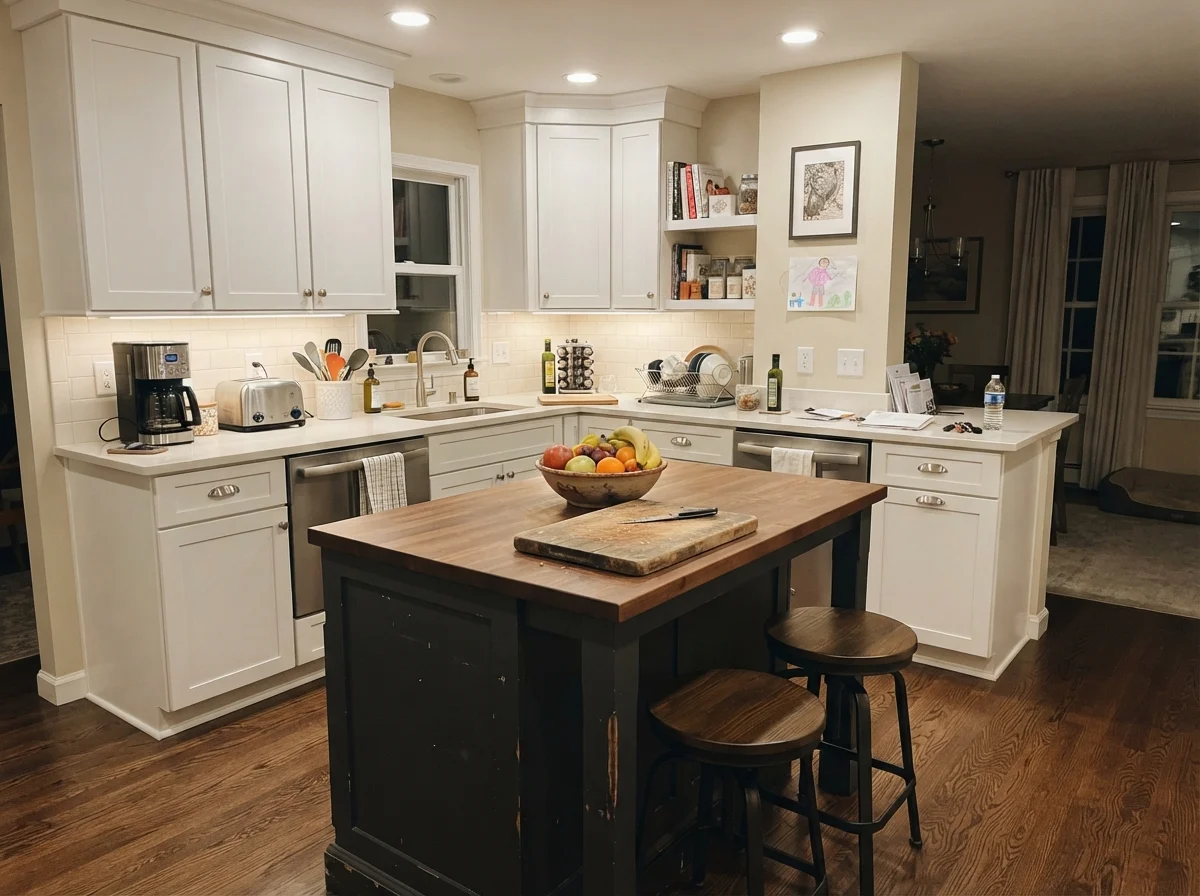 Kitchen island painted in Iron Ore surrounded by white perimeter cabinets in evening light.