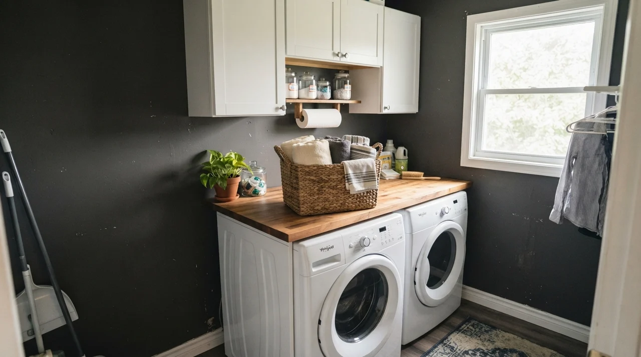 Bright laundry room with dark charcoal walls, white washer dryer, and butcher block counter.