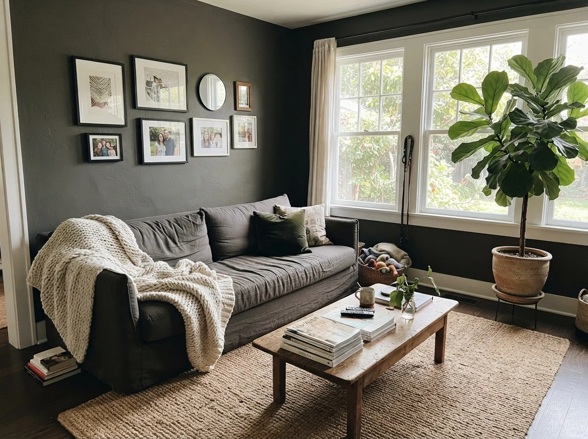 Sunlit living room with Iron Ore walls, natural wood coffee table, and linen sofa.