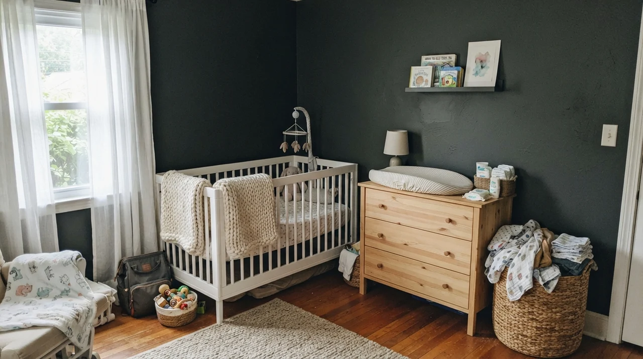 Modern nursery featuring Iron Ore painted walls with white crib and light wood dresser.