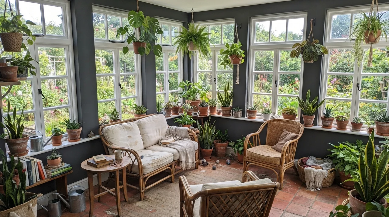 Bright sunroom with dark painted walls between numerous white window frames.