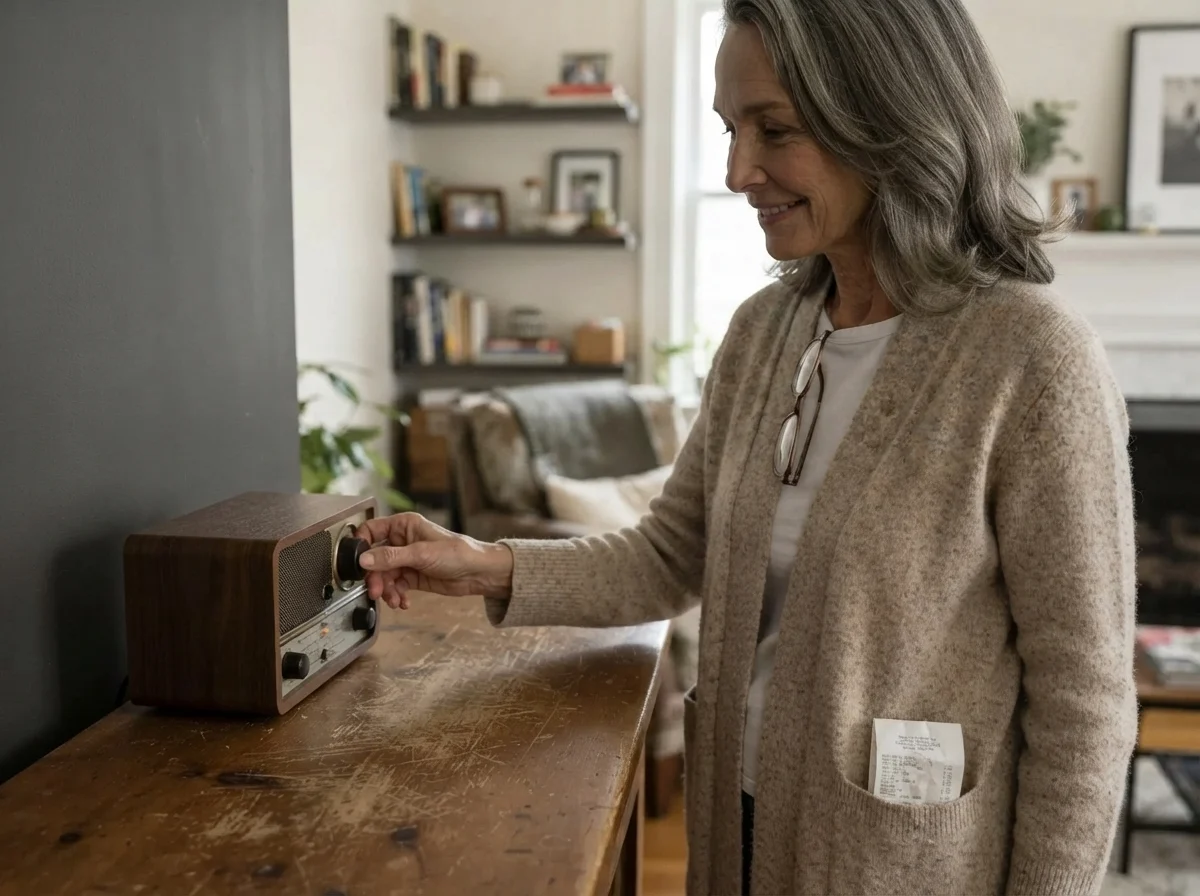 Susan adjusting a radio on a wooden console in front of a living room wall painted Sherwin-Williams Iron Ore.