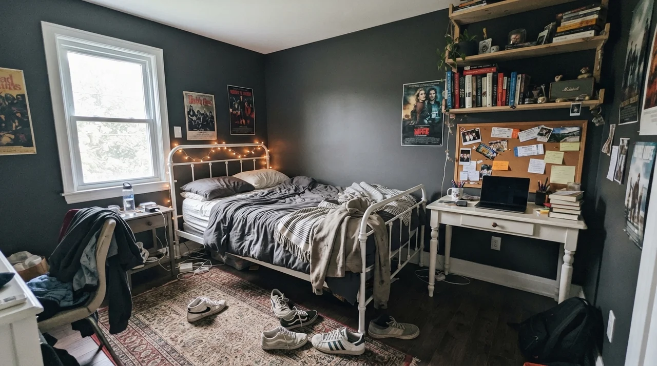 Teen bedroom with dark painted wall, white metal bed, and small desk.