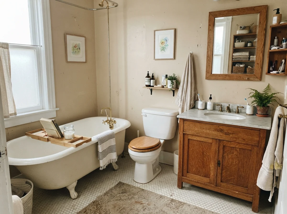 Cottage bathroom with white clawfoot tub, hex tile floor, and Kilim Beige painted walls.