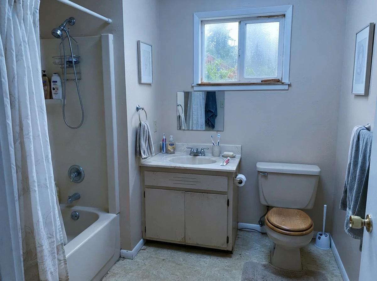 Modest bathroom with Kilim Beige walls showing a slight cool cast under rainy north light.