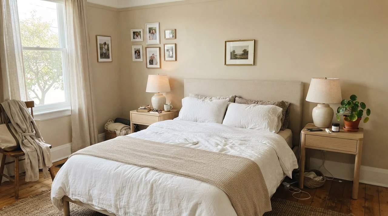 Serene bedroom with Kilim Beige walls, white linen bedding, and pale oak nightstands in side-window daylight.