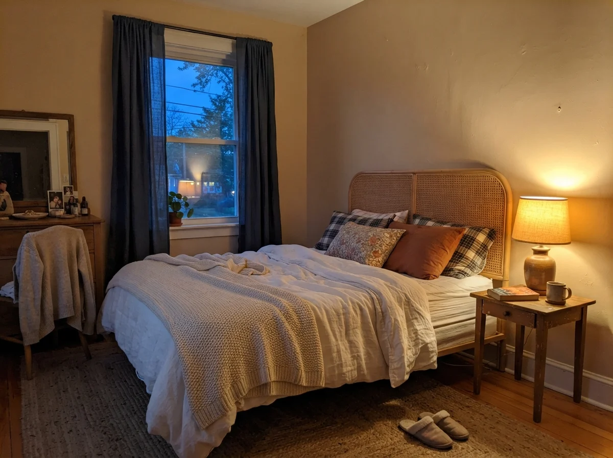 Bedroom at dusk with a glowing table lamp lighting Kilim Beige walls behind a rattan headboard.