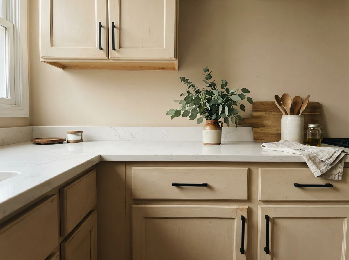 Close-up of Kilim Beige painted cabinet doors with matte black hardware and white quartz counters.