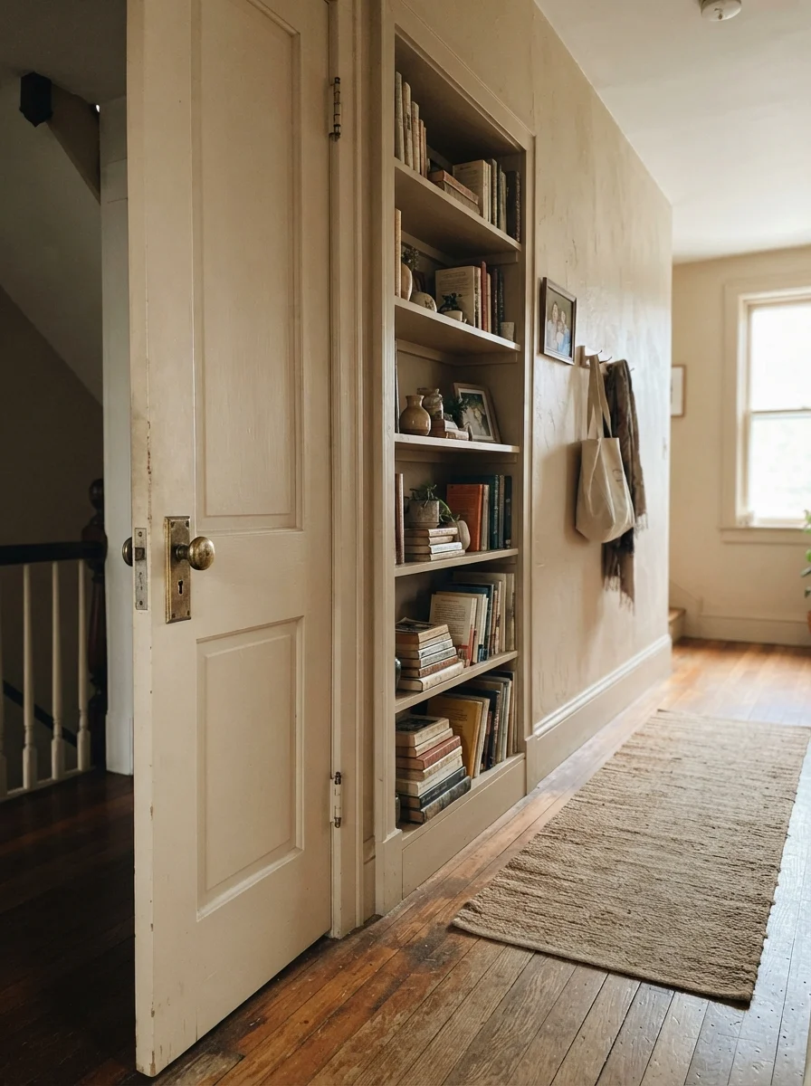 Hallway interior door and built-in bookshelf painted Kilim Beige with brass hardware against cream walls.