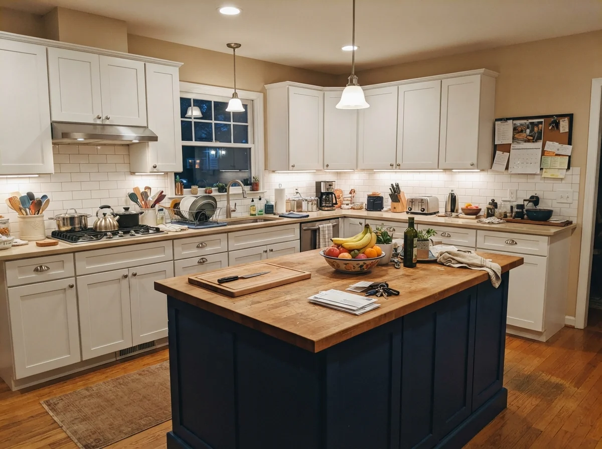 Family kitchen with a Kilim Beige island, white surrounding cabinets, and warm under-cabinet lighting.