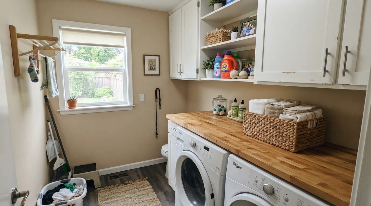 Laundry room with Kilim Beige walls, butcher block counter over white washer dryer, and white cabinets.