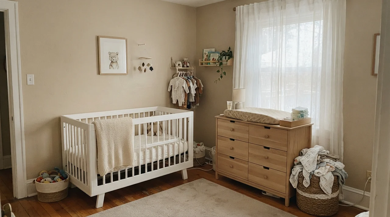 Nursery with Kilim Beige walls, white crib, and light wood dresser changing table.