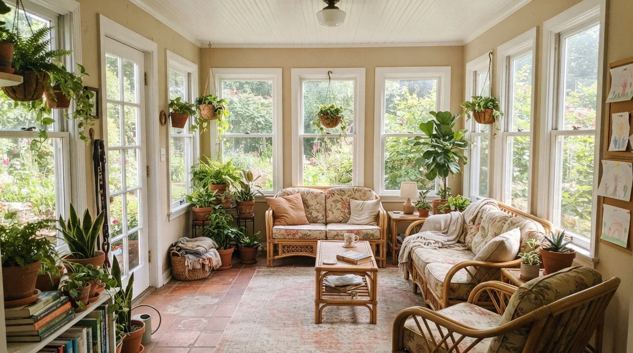 Bright sunroom with Kilim Beige wall piers between white windows, rattan furniture, and terracotta pots.