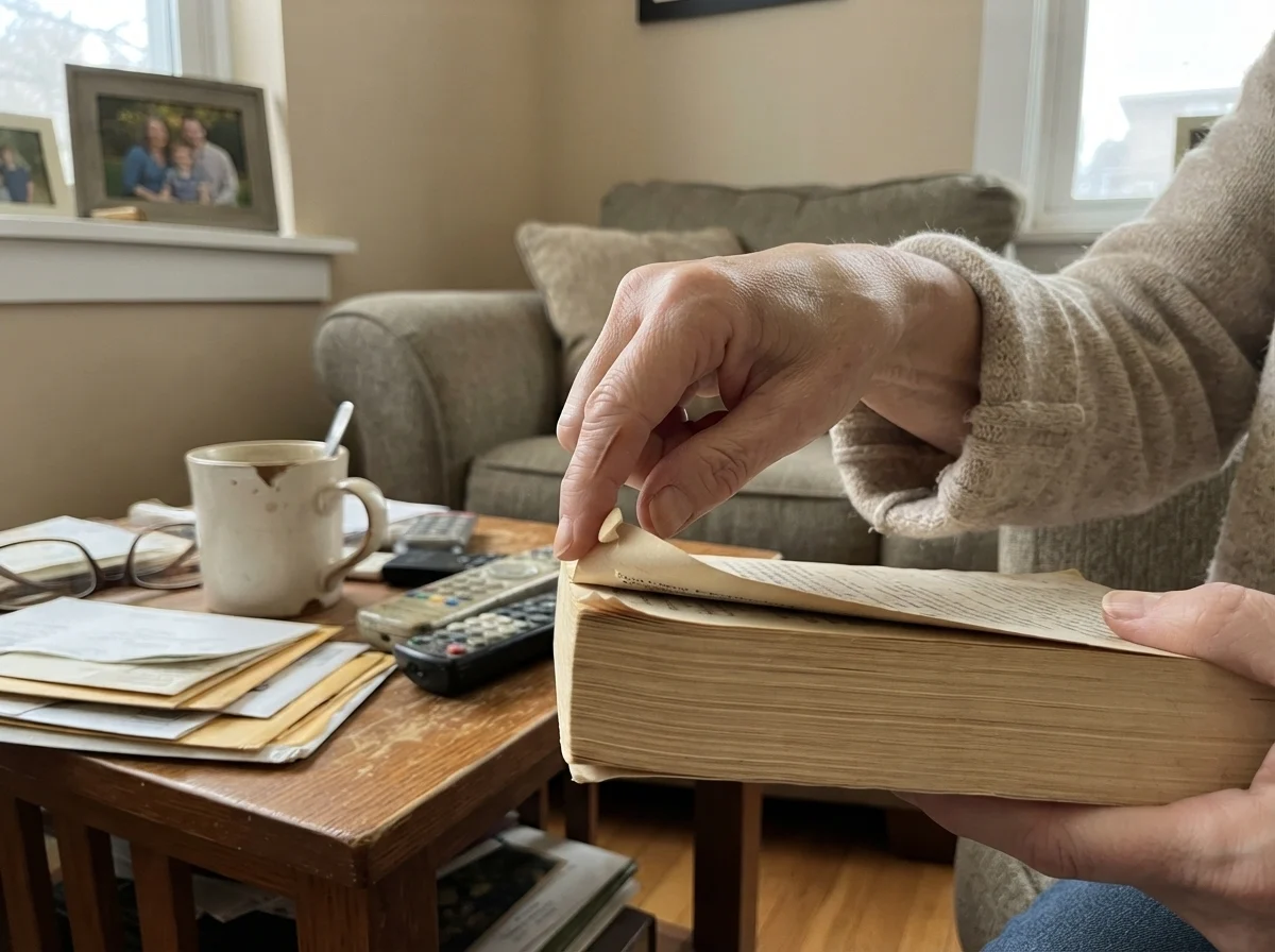 Susan smoothing a paperback corner in her living room with warm Kilim Beige walls in the background.