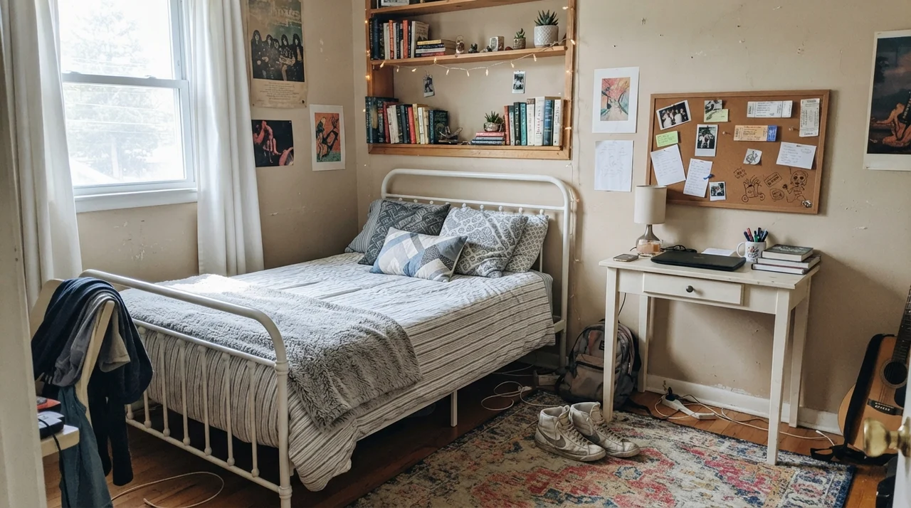 Teenager bedroom with Kilim Beige walls, white metal bed, and desk under bright window light.