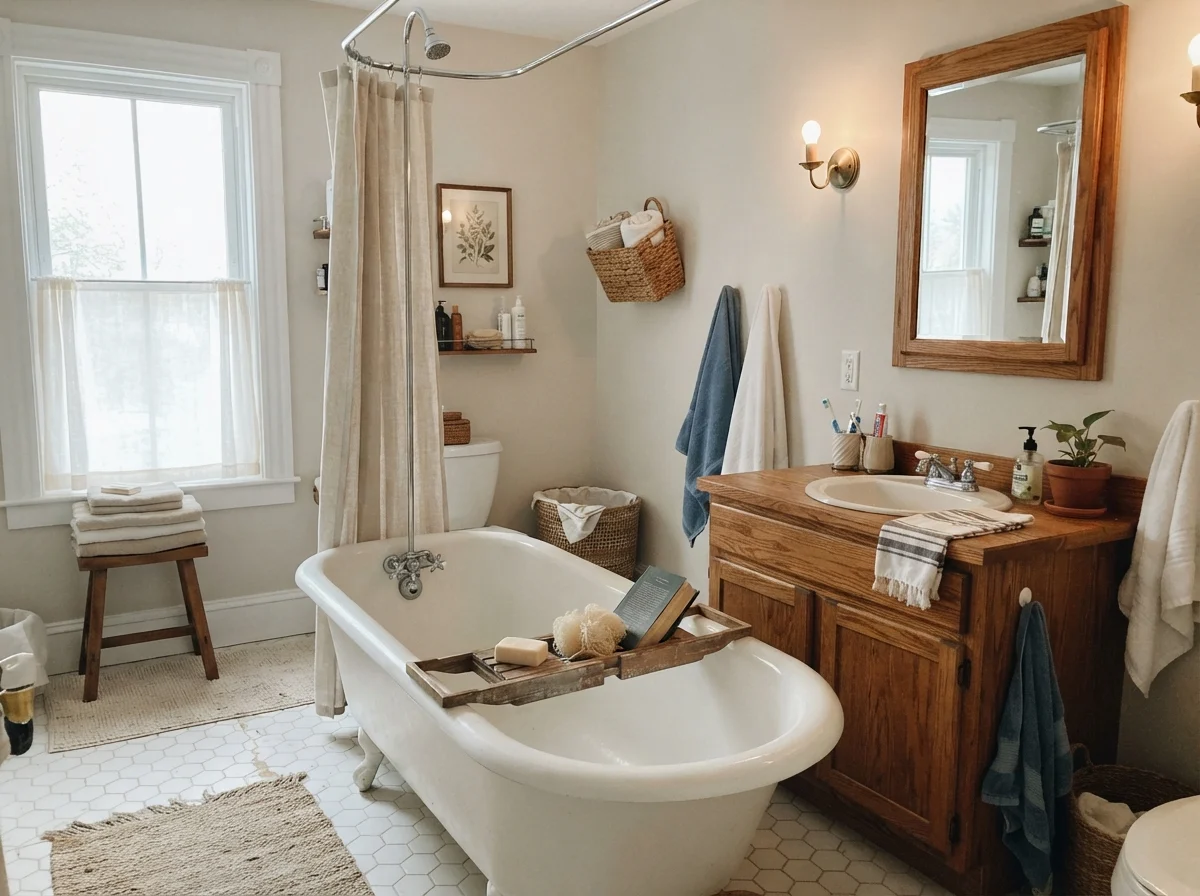 Cottage bathroom with white clawfoot tub, hex tile, oak vanity, and painted walls