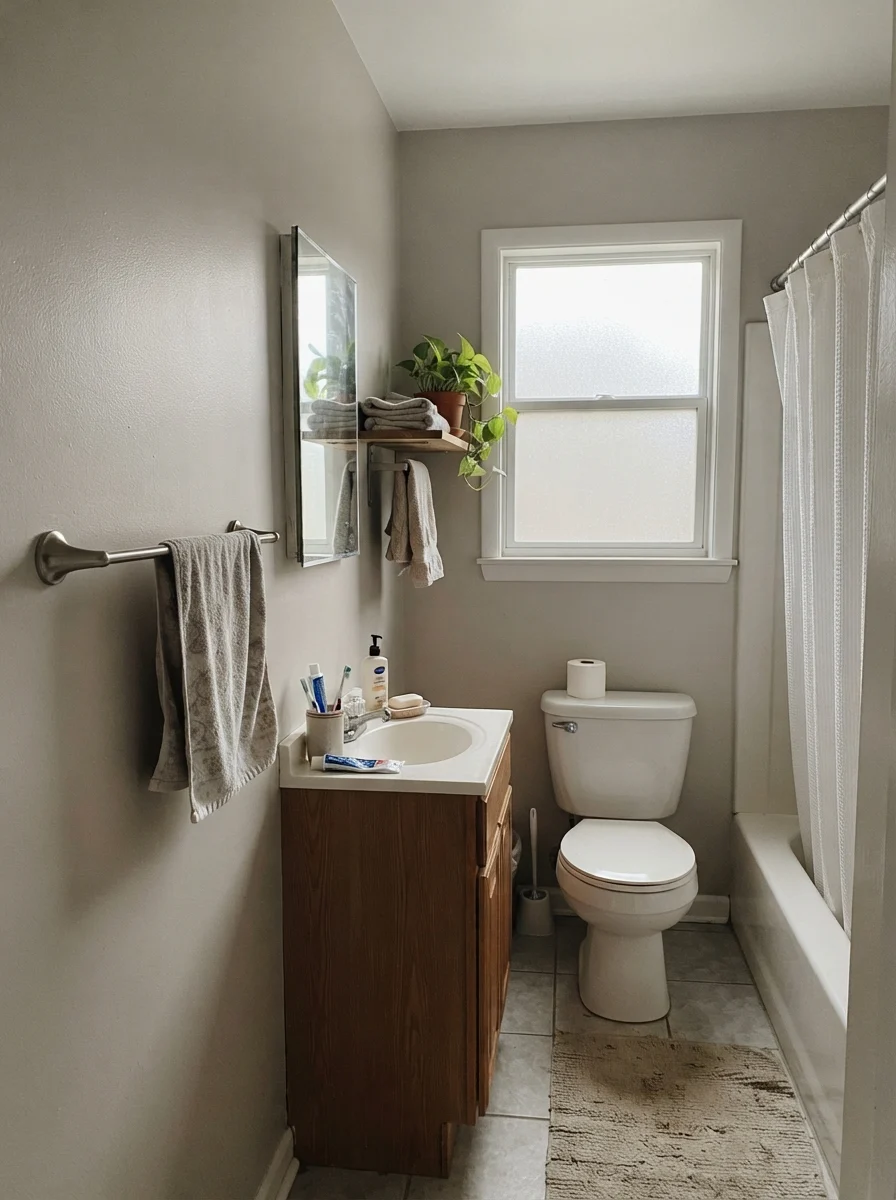 Small bathroom with painted walls reading muted and gray under overcast light