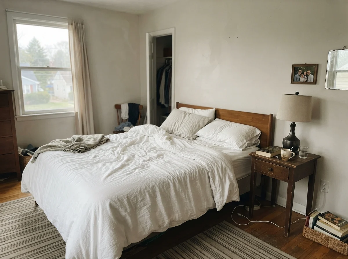 Simple bedroom with unmade white bedding and Natural Choice walls in cool early light