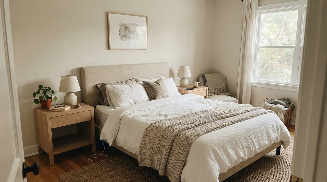 Main bedroom with painted walls, white linen bedding, and pale oak nightstands