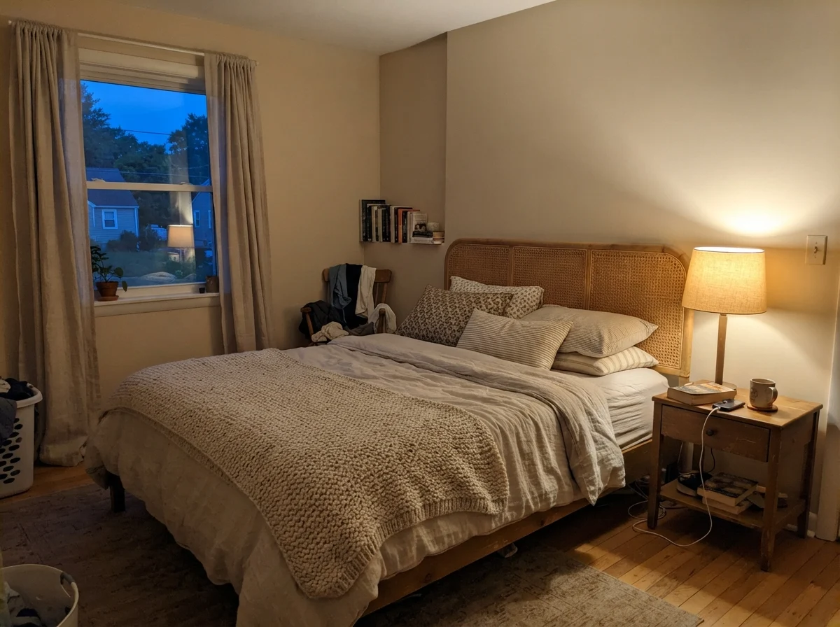 Bedroom at dusk with warm table lamp lighting up Natural Choice wall behind cane headboard