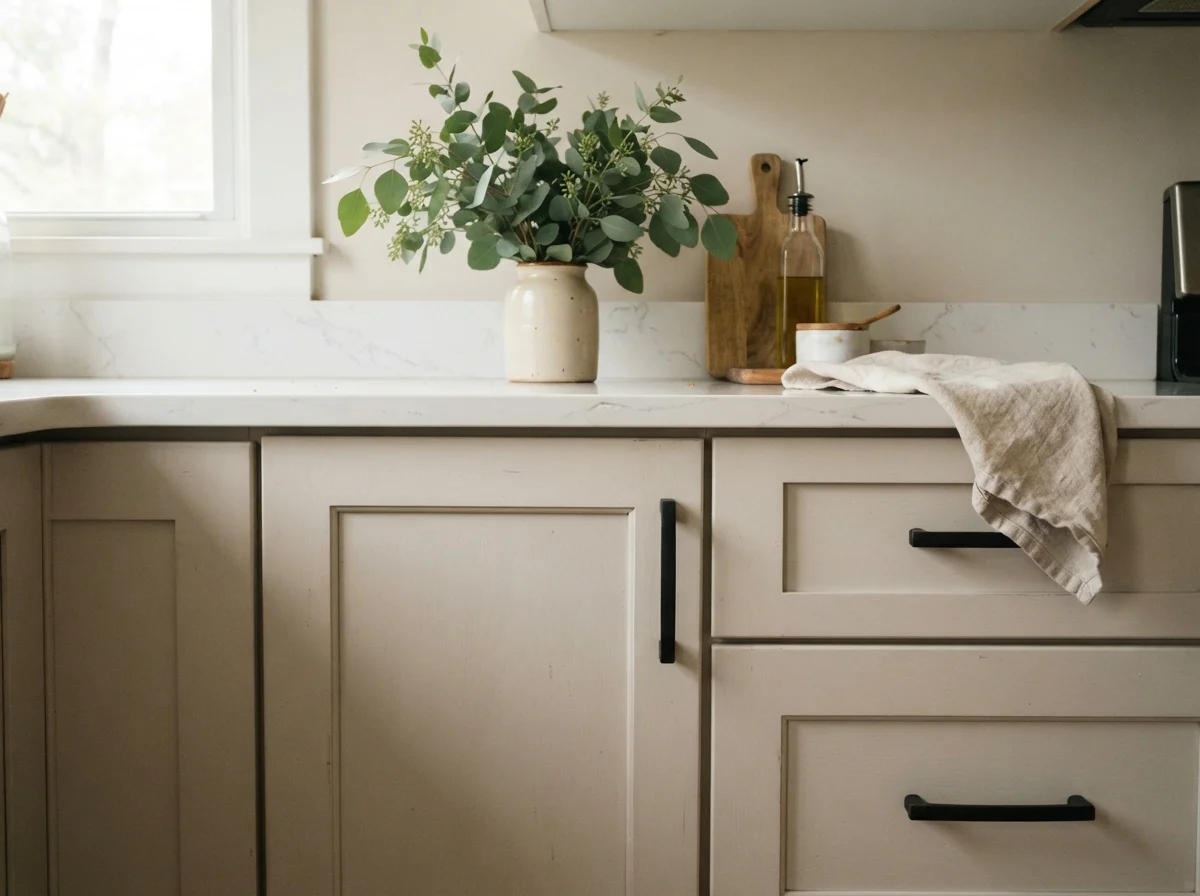 Close-up of Natural Choice shaker cabinet fronts with matte black hardware and white quartz counter
