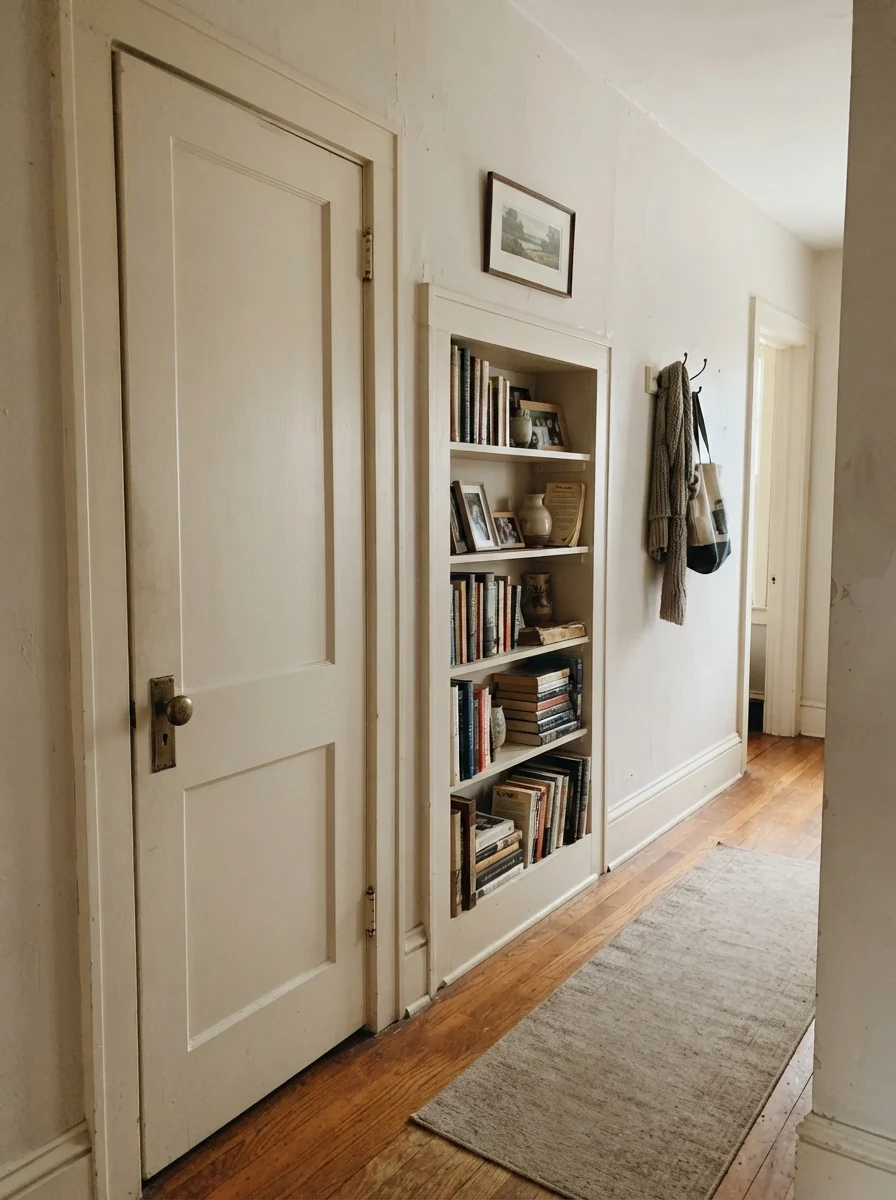 Hallway showing painted interior door and built-in bookshelf with brass knob and wood floor