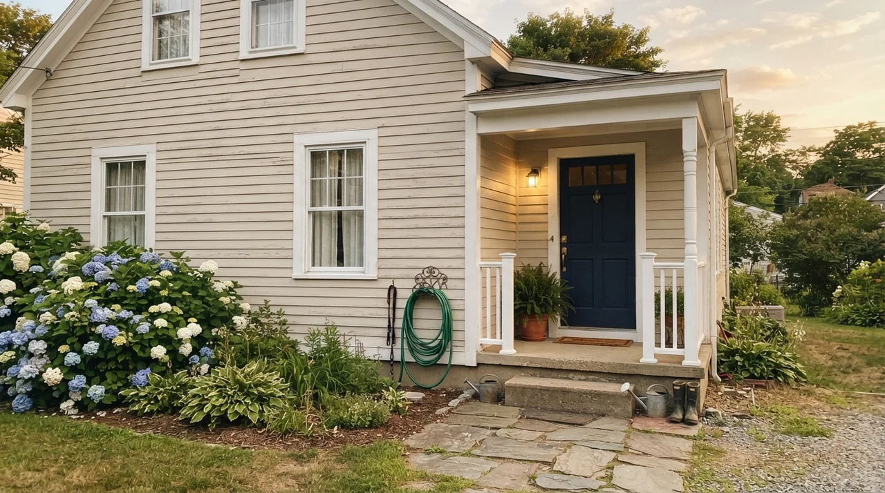 House exterior horizontal siding painted Natural Choice with white trim and dark navy front door