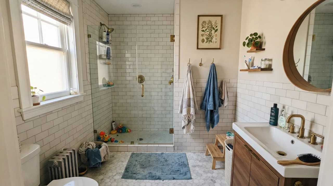 Family bathroom upper walls painted Natural Choice above white subway tile wainscot with brass shower fixtures