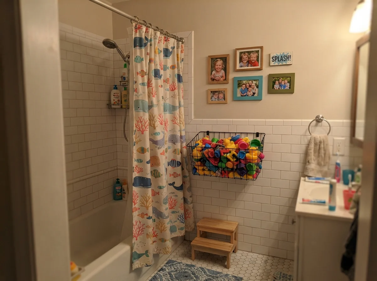 Kids bathroom with white subway tile, wire toy basket, and Natural Choice walls under warm light