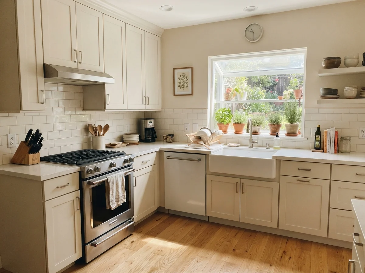 Kitchen shaker cabinets painted Natural Choice with white subway backsplash and oak floors