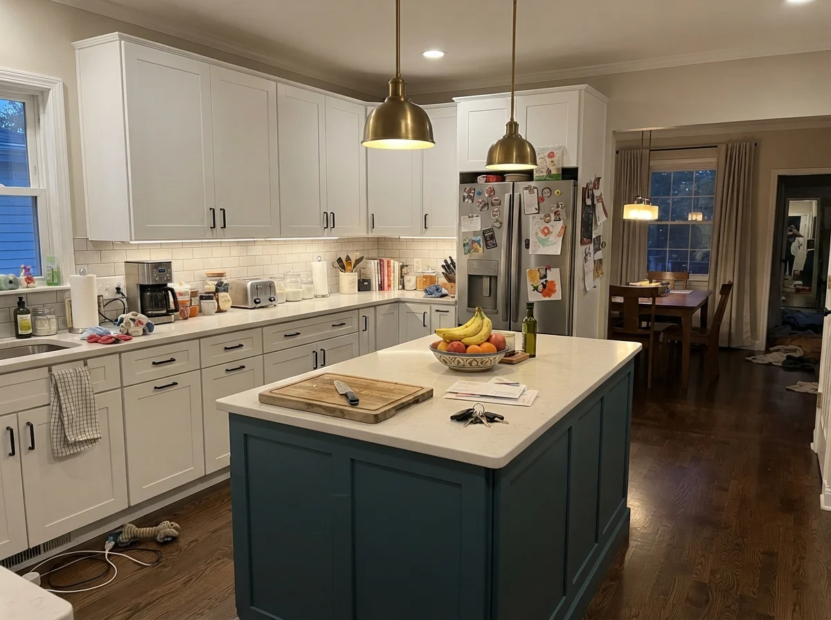 Kitchen island painted Natural Choice with white surround cabinetry and cutting board