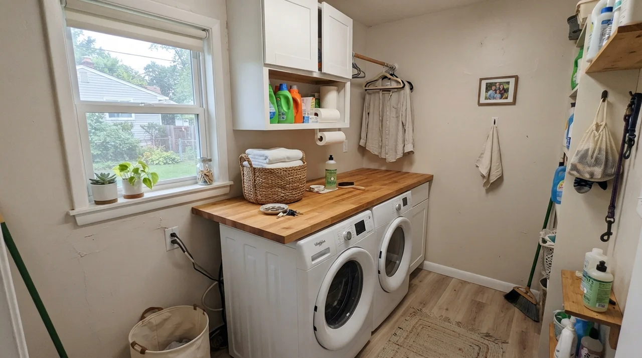 Small bright laundry room with butcher-block counter, white washer dryer, and Natural Choice walls