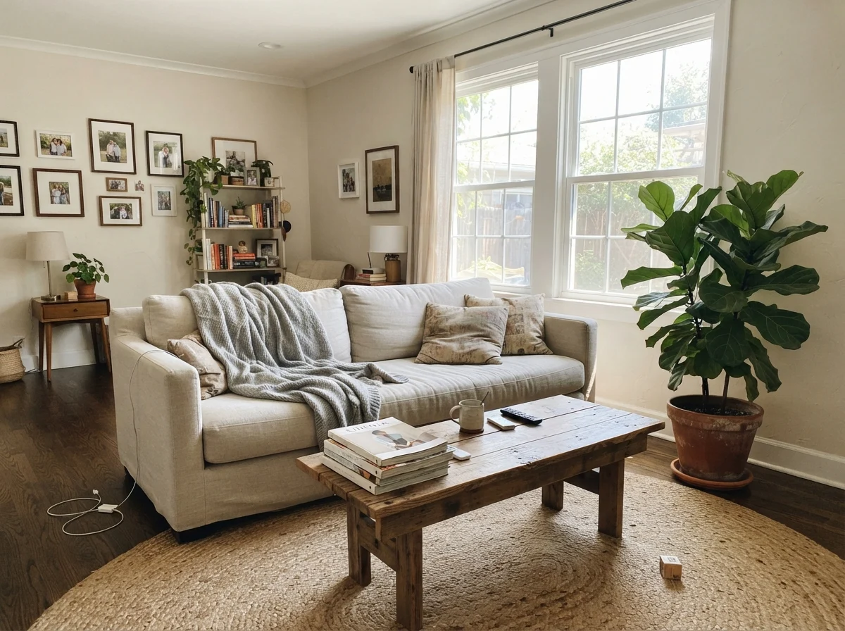 Living room with Natural Choice painted walls in midday sun with linen sofa and jute rug