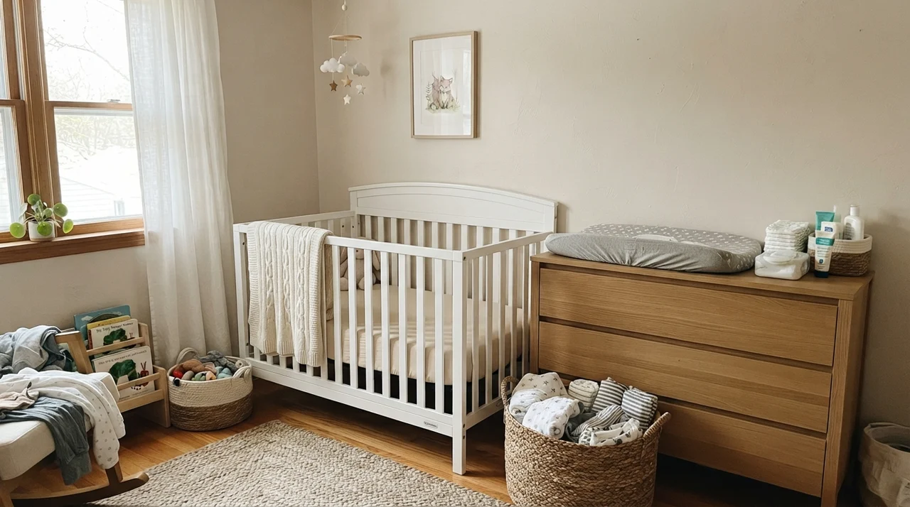 Nursery with Natural Choice walls, white crib, and light wood changing dresser