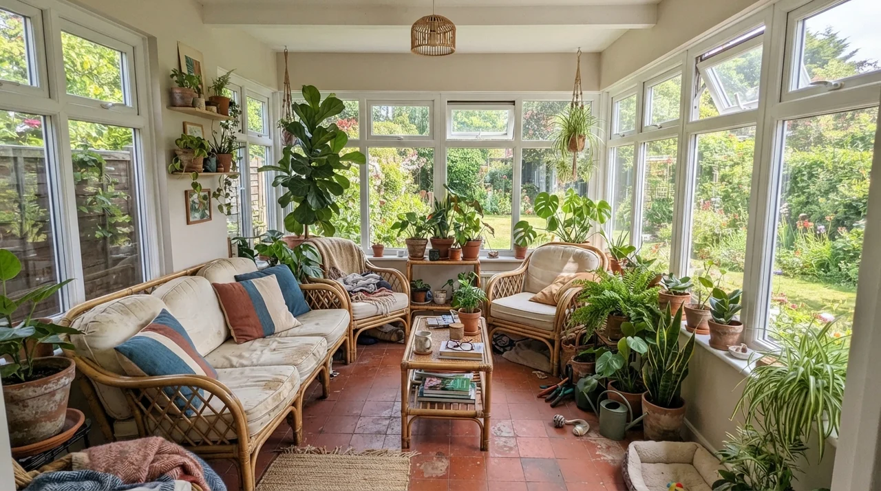 Sunroom with painted walls between white-framed windows and terracotta potted plants