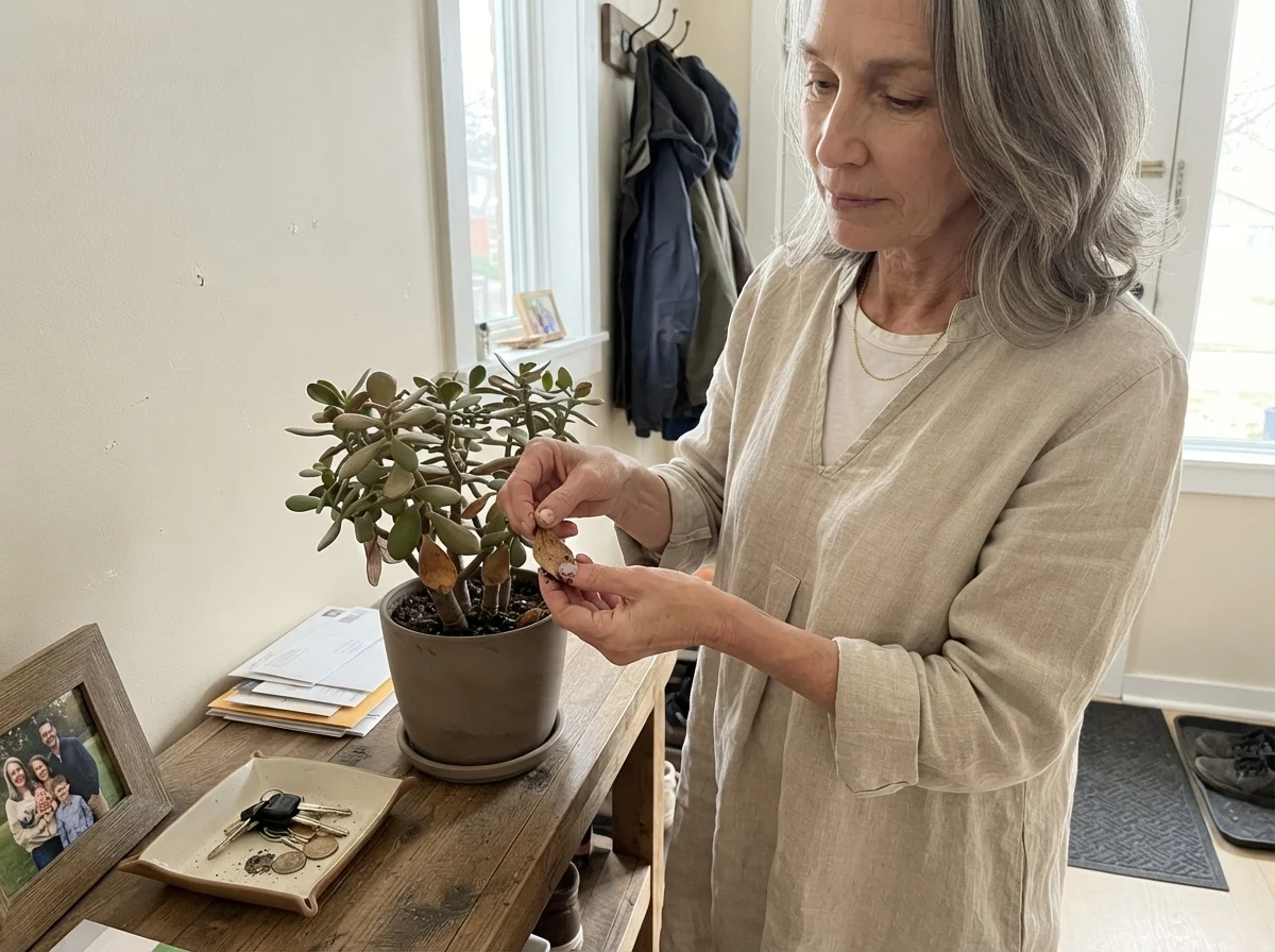 Susan Hartley plucking a leaf from a jade plant on an entryway console against Natural Choice walls