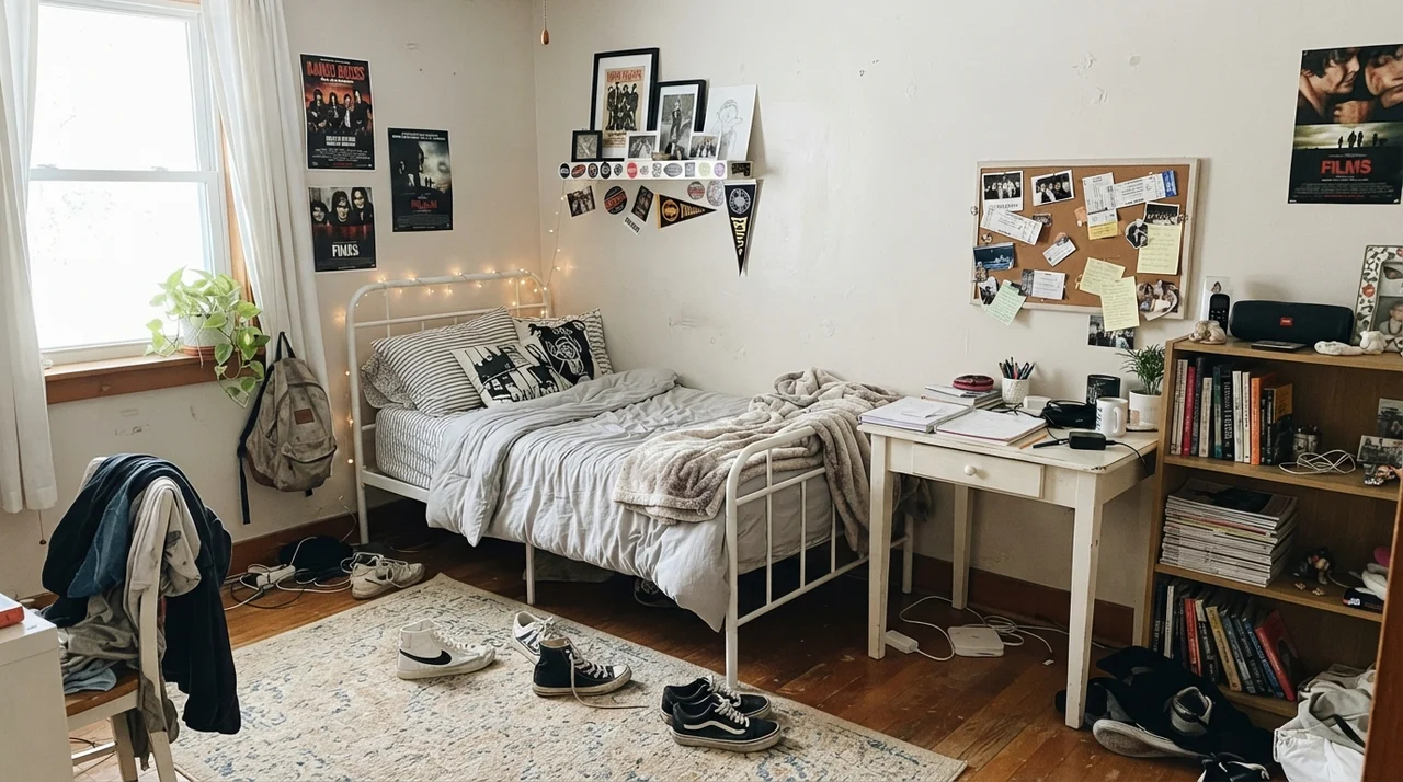Teenager bedroom with white metal bed and Natural Choice walls in cool daylight
