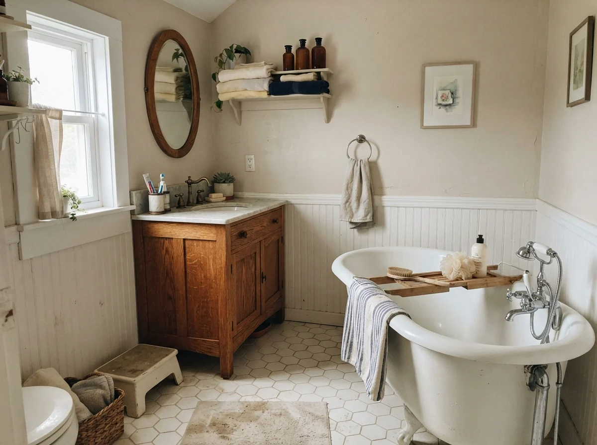 Cottage bathroom with white clawfoot tub, hex tile, oak vanity, and painted walls.