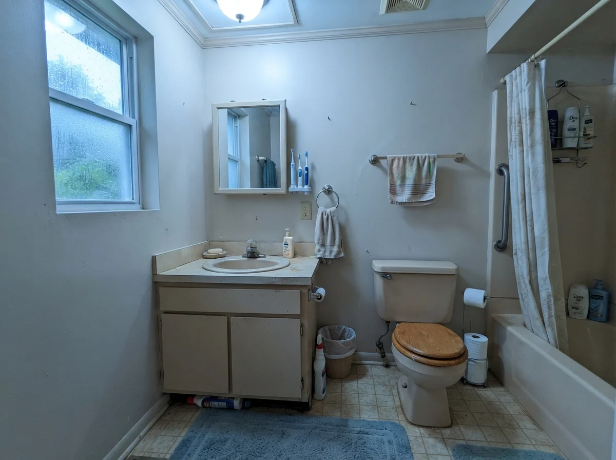 Modest dated bathroom with painted walls picking up a cooler cast on a rainy day.