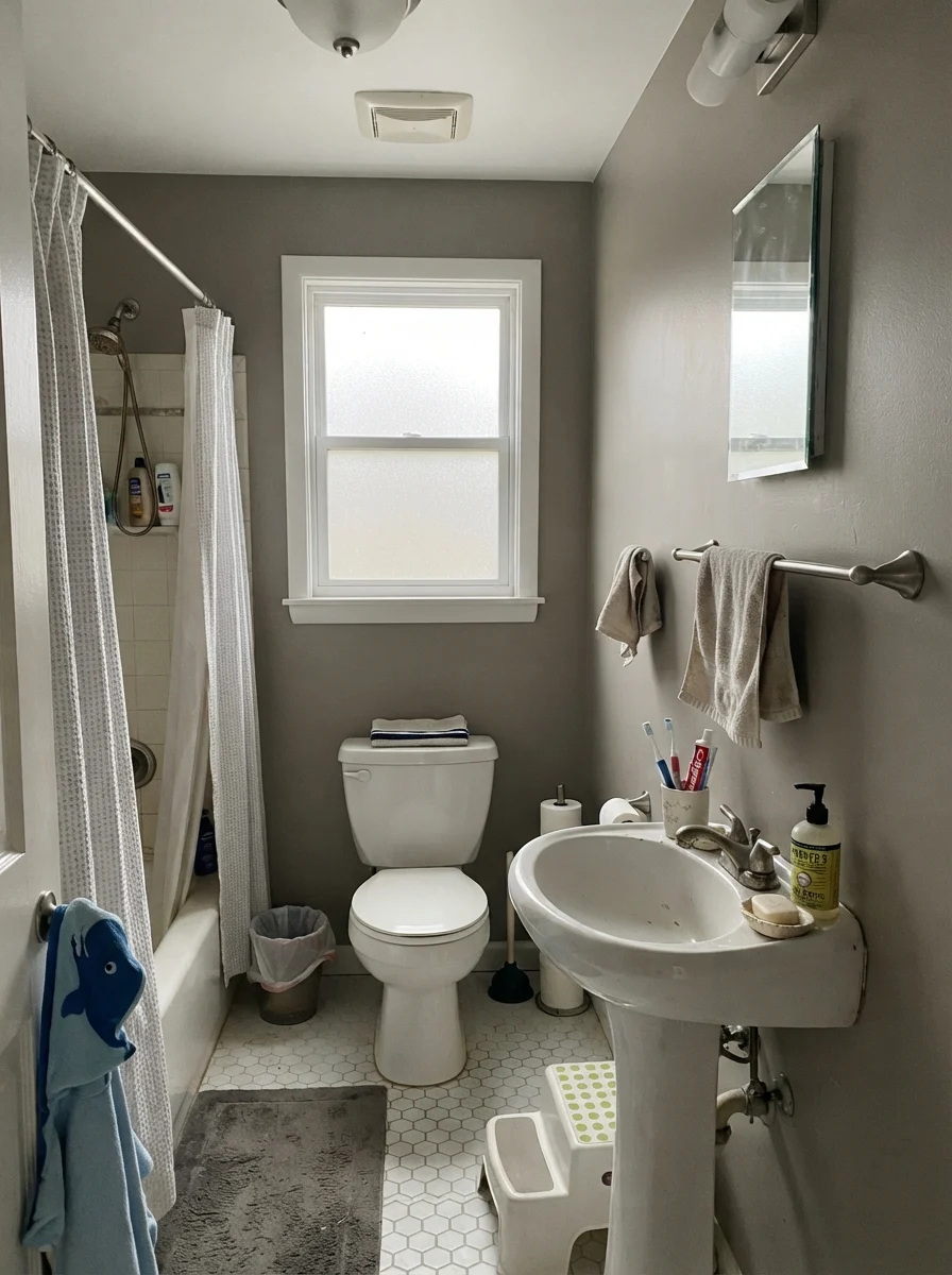 Small bathroom showing Neutral Ground walls reading muted and grey in overcast light.